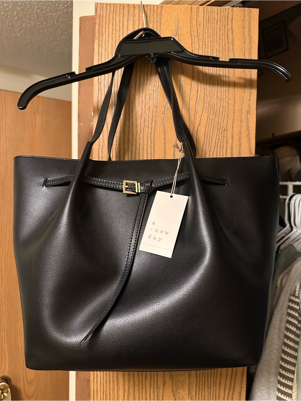 a new day Black Faux Leather Tote with Buckle Detail